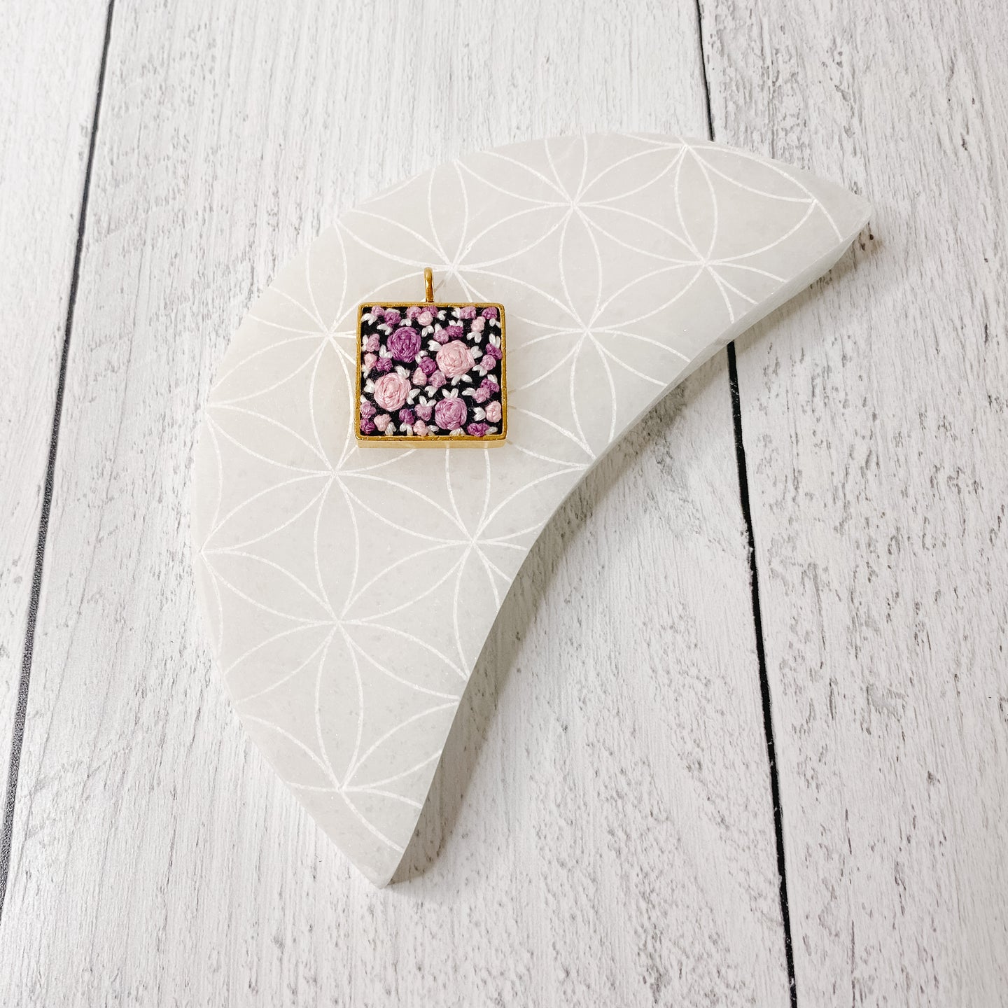 Hand Embroidered Necklace - Square Floral  1